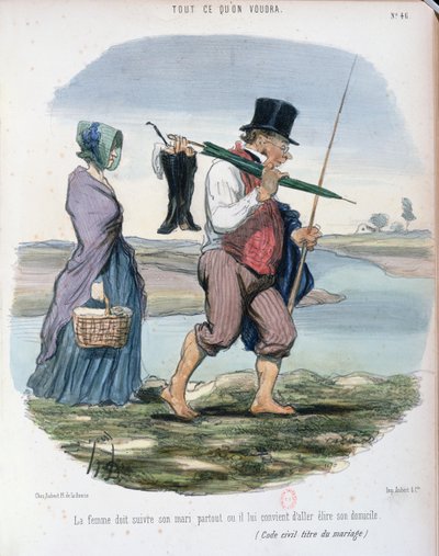 Caricature ridiculing Chapter VI of the Rights and Duties of Spouses in the French Code Civil, promulgated by Napoleon in 1804, c.1840-50 by Honoré Daumier